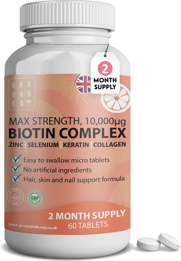 Grounded Biotin Hair Growth Complex 10,000mcg Tablets – Hair Strength, Thickness & Volume Support - Grounded Body